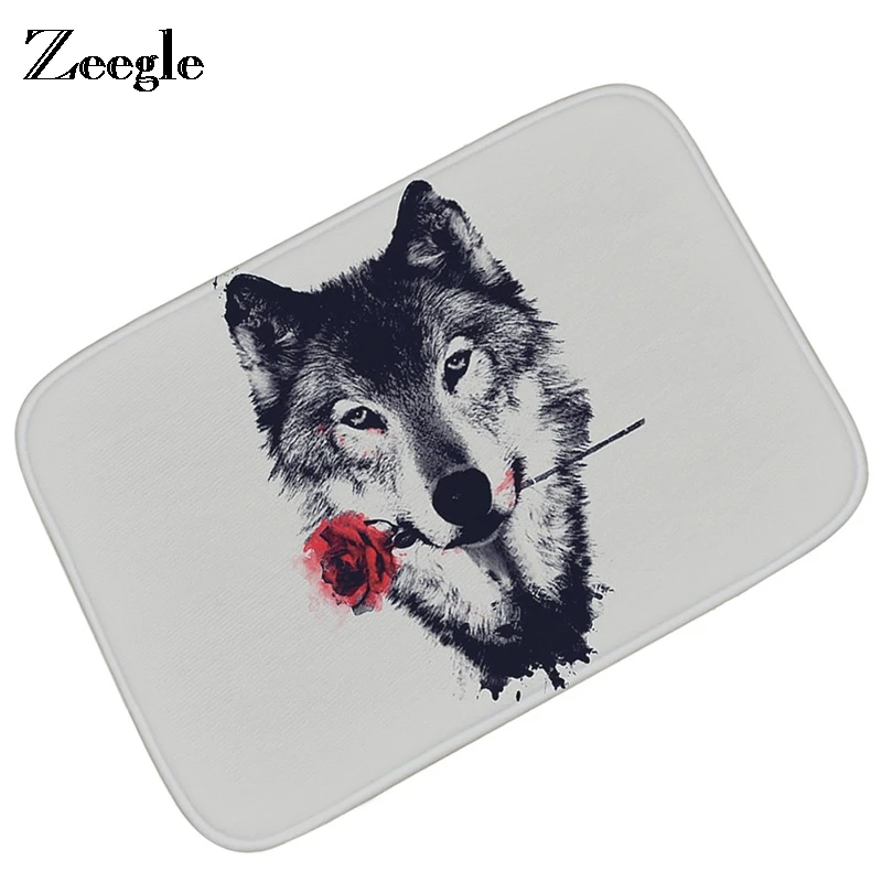 Zeegle Wolf Door Mat Welcome Entrance Floor Mat Kitchen Carpet Bath Mats Water Absorption Bathroom Rug Foot Pad