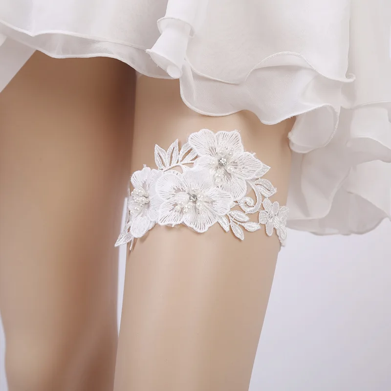 Комплект свадебной подвязки горный хрусталь вышивка цветок бисером Белые сексуальные подвязки для женщин/невесты кольцо на бедро