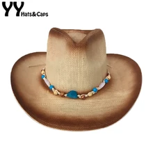YY ручная работа ковбойская Кепка с синим камнем лента Летняя Пляжная джазовая шляпа женская Соломенная Панама широкий пляжный навес Кепка из бисера Панама CM19025