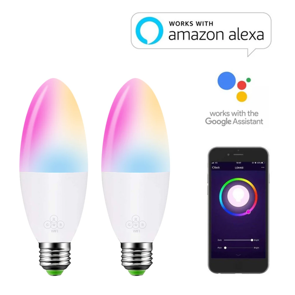E14/E10/E27/B22 WiFi умный светодиодный светильник 6 Вт RGBW диммируемая Свеча лампа голосовое дистанционное управление приложение работа с Alexa Google Home