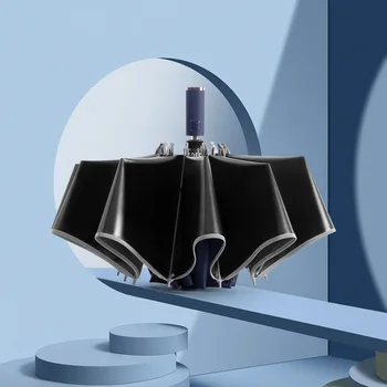 

Handle Fully Automatic 10 Bone Rain Umbrella Folding Tri-fold Umbrella Wind-Resistant Vinyl Business Men's led umbrella All in 1