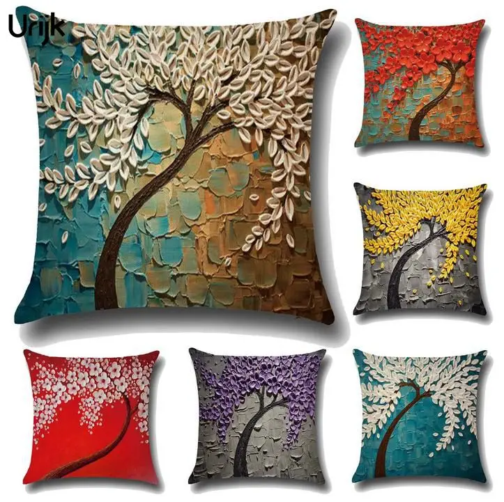 

SNEWVIE 45x45cm Vintage Flower Pillow Case Cushion Cover Mural Yellow Red Tree Cherry Decorative Throw Pillow Cover