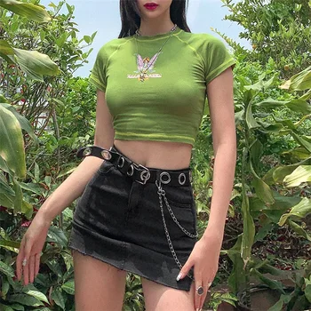 Butterfly Graphic and Letter Printing Stitch Green Crop Tops O neck Short Sleeve T shirts