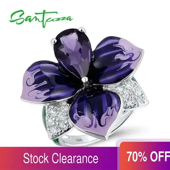 

SANTUZZA Silver Ring For Women Authentic 100% 925 Sterling Silver Charming Big Purple Flower Fashion Jewelry Handmade Enamel