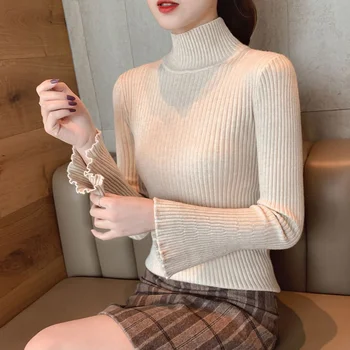

Autumn Winter 2019 New Korean sweater women Flare Sleeve Solid Jumper Turtleneck Knitted Sweater Pullover Slim Bottoming Tops 1
