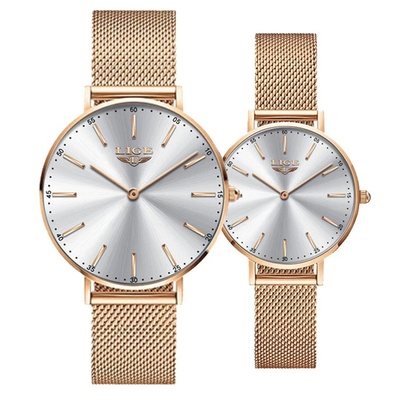 2021 LIGE Lover zegarki Top marka luksusowe Ultra cienkie proste zegarki dla par prezent dla par zegarki kwarcowe moda sparowane zegarki