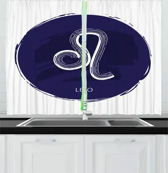 

Indigo White Leo Kitchen Curtains Horoscope Themed Zodiac Sign Name Grunge Hand Painted Look Monochrome Round Window Drapes
