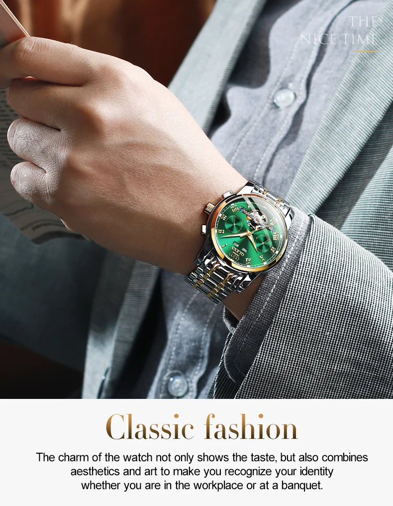 OLEVS Automatic Mechanical Men Watches Stainless Steel Waterproof Date Week Green Fashio Classic Wrist Watches Reloj Hombre