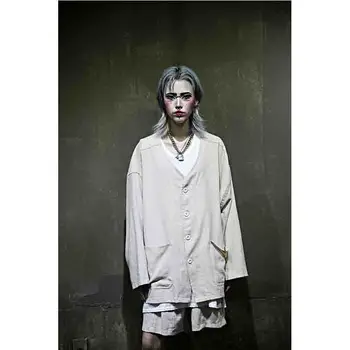 

Couple men's new solid color V-neck linen oversize loose and trendy cardigan long sleeve shirt shirt big pocket