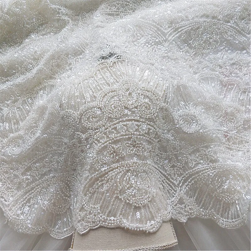 

2019 New heavy beaded haute couture bridal lace fabric off white beautiful wedding gown dress lace fabric 1 yard