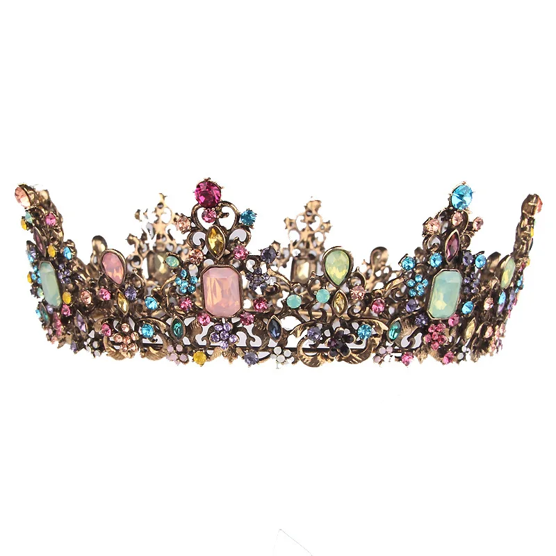 

HG2322 Classic large gold colorful rhinestones princess bridal wedding crown tiara luxury alloy wedding headpiece
