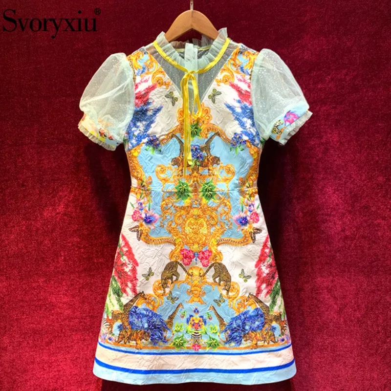 Svoryuxiu дизайнерские Осенние сексуальные вечерние короткие платья женские сетчатые с пышными рукавами Лоскутная Печать жаккардовое Бисероплетение платье vestdios