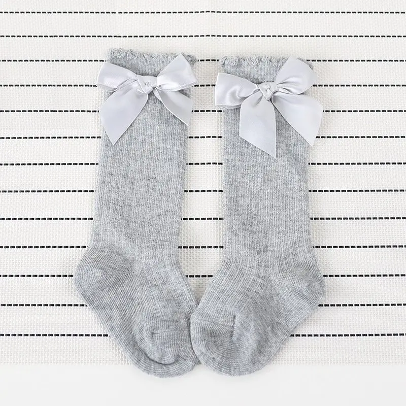 Grey Новые детские носки хлопковые гольфы для девочек чулки для девочек с бантом Длинные носки без пятки для маленьких девочек - Цвет: Grey