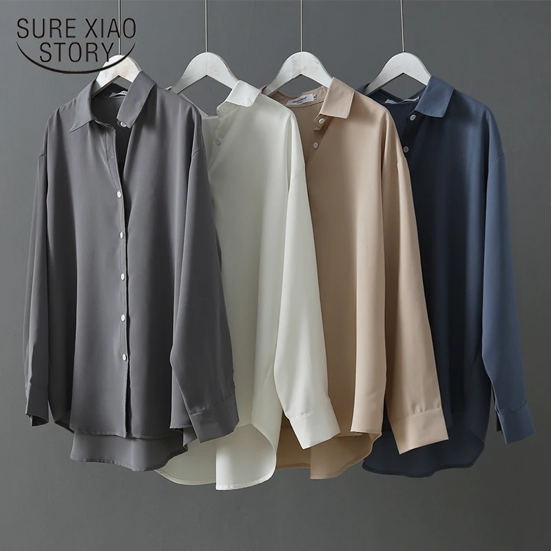 

fashion 2019 Long Sleeves Satin Blouse Vintage Femme V Neck Silk Blouse blusa mujer elegante ladies tops and blouse 6657 50