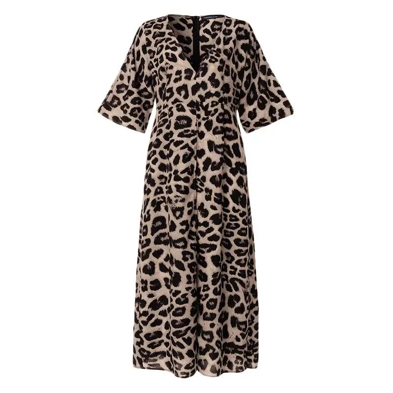 Plus Size Summer Dress Celmia Women Sexy Leopard Print Dresses Long Tops V-neck Casual Loose High Split Vestidos Robe Femme - Color: Khaki