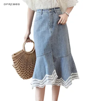 

Lace Patchwork Ruffle Denim Skirt For Women 2020 High Waist Vintage Knee Length Midi Jeans Skirts Streetwear Ladies Jean Saia