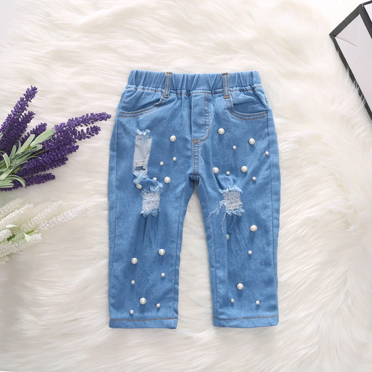 

Kids Baby Girls Clothing Children Kds Jeans Summer Casual Shredded Jeans Denim Pants Elastic Trousers Blue Hole Pants