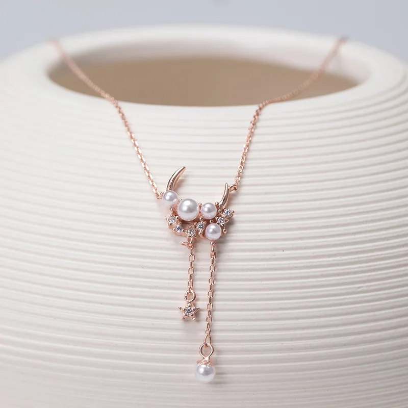 moon pearls zircon tassel necklace woman rose golden 100% 925 Sterling silver nacklace Jewellery Clavicle chain pendant gift