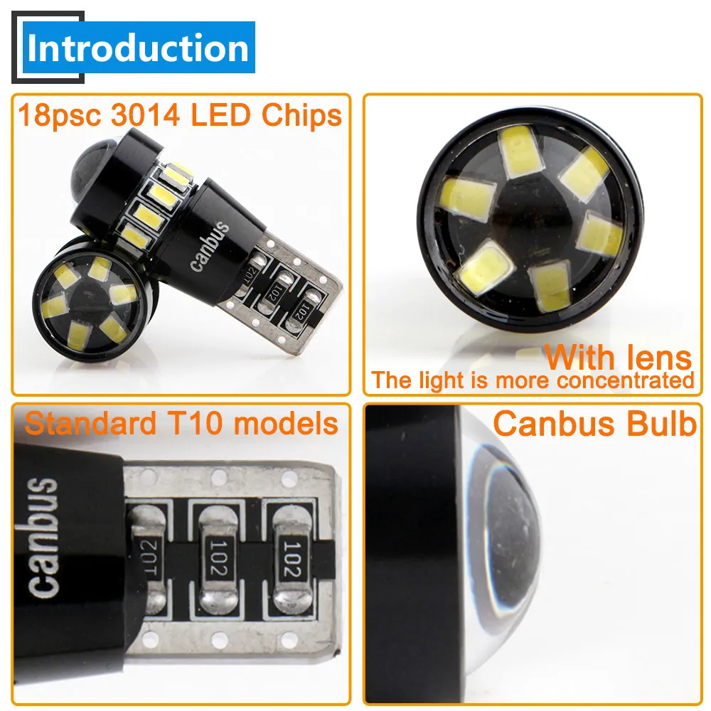 2X W5W T10 Canbus 3014 18 SMD линзы Светодиодная лампа без ошибок поворот парковка дверной