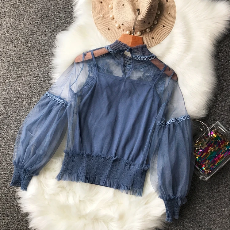 Women Perspective Gauze Blouse Shirt Lantern Sleeve Lace Crochet Mesh Blusas Ruffle Blouse with Ela
