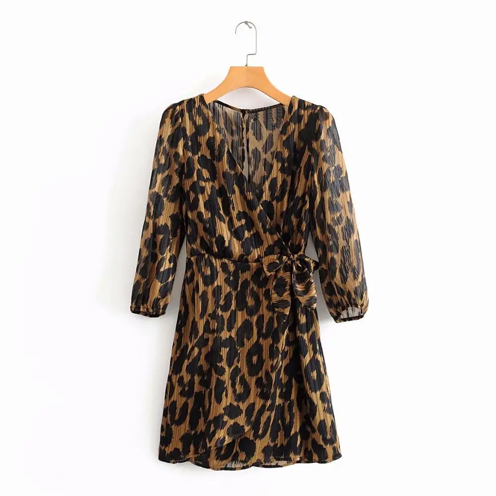 2020 New Women Cross V Neck Leopard Print Bow Tied Kimono Dress Ladies Three Quarter Sleeve Vestidos Chic Chiffon Dresses DS3345 2020 New Women Cross V Neck Leopard Print Bow Tied Kimono Dress Ladies Three Quarter Sleeve Vestidos Chic Chiffon Dresses DS3345