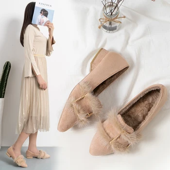 

Fur Weave Metal Buckle Belt Moccasins Plush Office Shoes Women Cozy Add Cashmere Loafers Pointed Toe Low Heels Flock Flats 2020