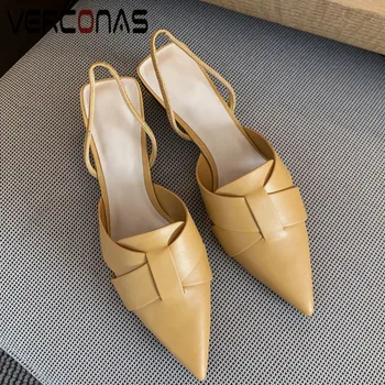 

VERCONAS Women Mules Top Quality Genuine Leather New Arrival High Heels Working Shoes Pointed Toe Sandals Concise Shoes Woman