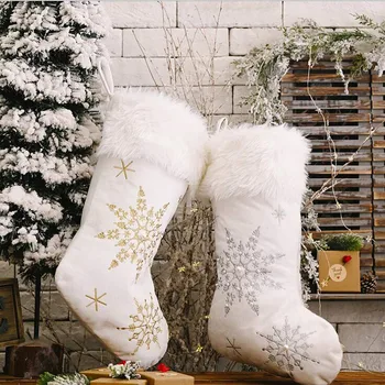 

2PCS Fashion Christmas Snow Flock Printed Ornament Stocking Gifts Candy Cookies Bag Pendant Christmas Tree Hanging Decorations