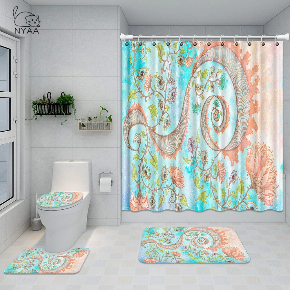 Nyaa Boho Pattern With Floral Bathroom Set Ethnic Decor Waterproof Boho Shower Curtain Toilet Cover Mat Non Slip Rug Home Decor Shower Curtains Aliexpress