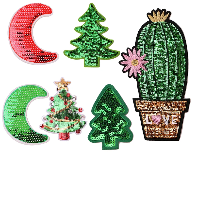

Moon, cactus, christmas tree sequin icon Embroider Iron on Patch for Clothing DIY Stripes Clothes Patchwork Sticker Custom Badge