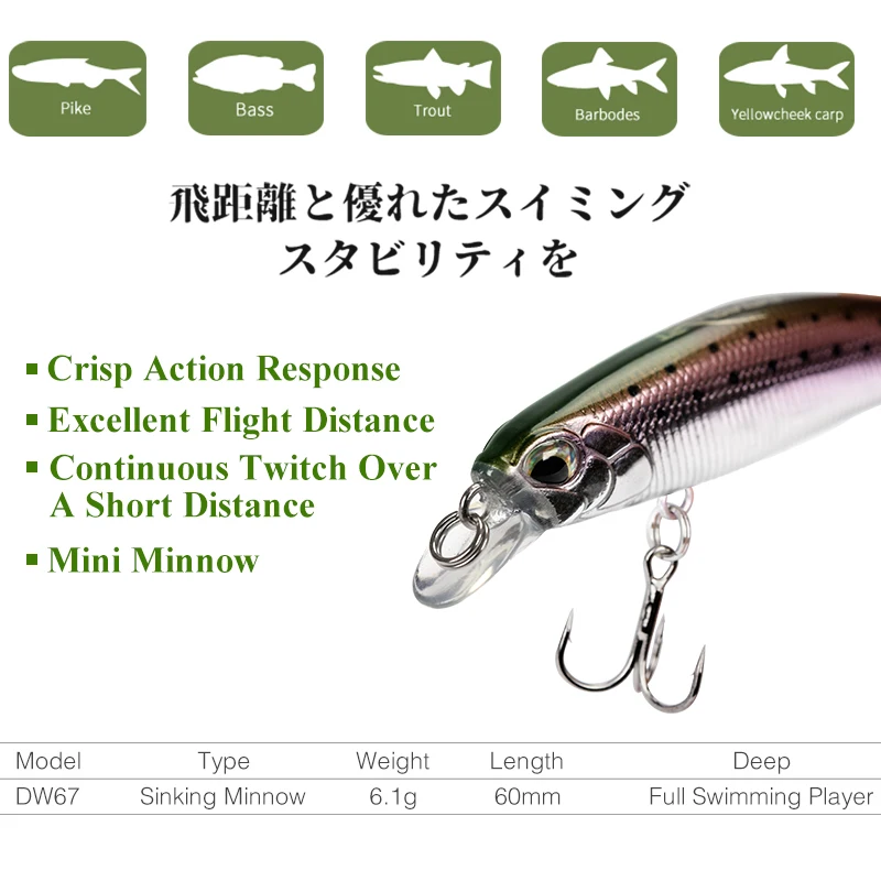 TSURINOYA мини приманка для рыбалки погружающаяся Minnow 60S 6 1 г 60 мм DW67 бас Щука Crank