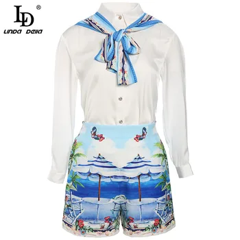 

LD LINDA DELLA Designer Autumn Vacation Fashion Suit Women Turn-down Collar Long sleeve Blouses and Print Shorts 2 Two Piece Set