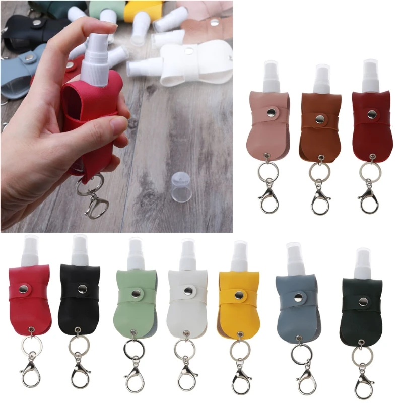 

Portable 50ml Squeeze Spray Bottle Empty Leakproof Plastic Refillable Travel Mister Bottle with Leather Keychain Holder