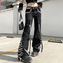 Gothic Women Baggy Jean Aesthetic Lace Up Patchwork Dark Academia Streetwear Punk Bandage Denim Trousers Straight Pants Baggy