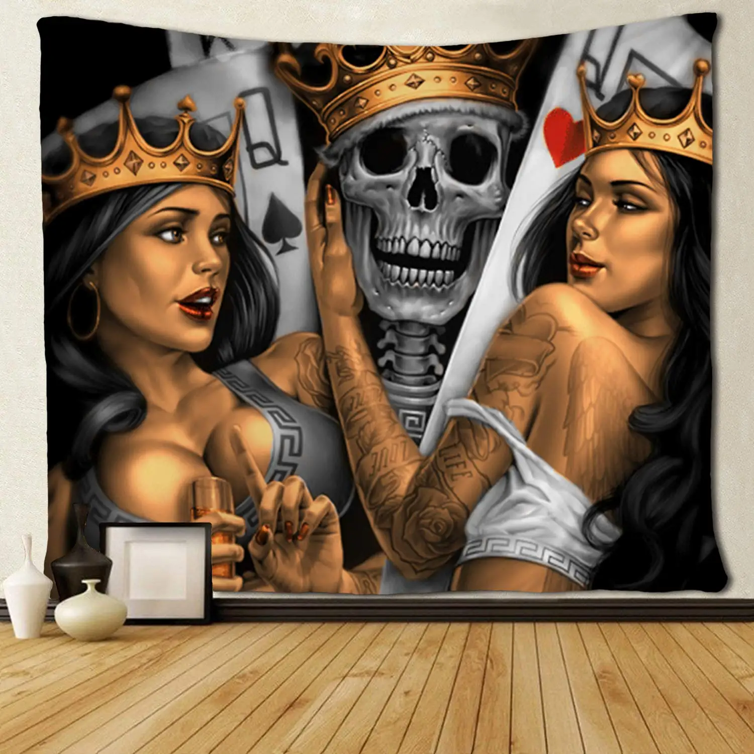 

King Skull and Queen Women Funny Tapestries Hippie Art Wall Hanging Tablecloth