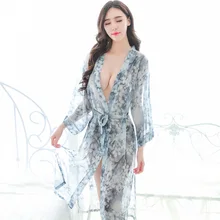 Принт сексуальный легкий шифон длинный ремень разделяющая дышащая перспективная пижама ночная рубашка халат с поясом