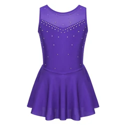 Kids Figure Ice Skating Roller Skating Dance Dress Girls Sparkly Rhinestone Tulle Back Ballet Leotard Dress Ballet Dance Costume
