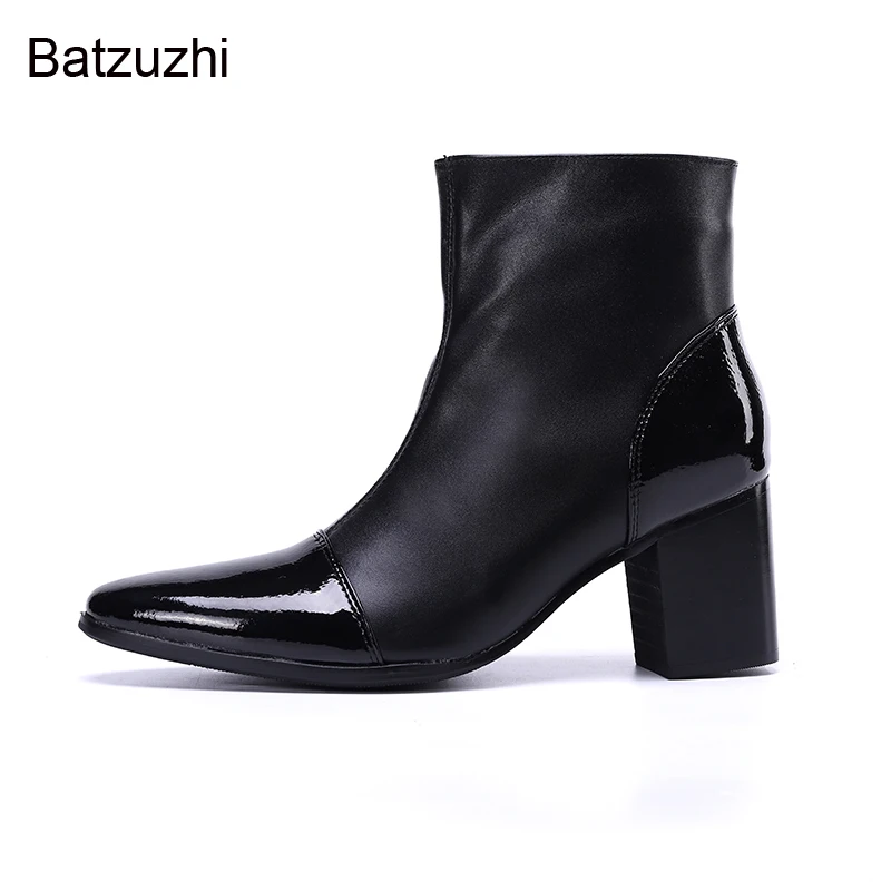 Batzuzhi Black Genuine Leather Boots Men Pointed Toe Men Boots 7CM High Heels Handsome Knight Botas Hombre Party /Wedding Men