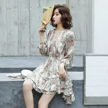 

WOMENGAGA 2020 Summer New Dress Patchwork Pleated Print Casual Hollow Out V-neck Ruffles Pullover Fashion Long-sleeve A349