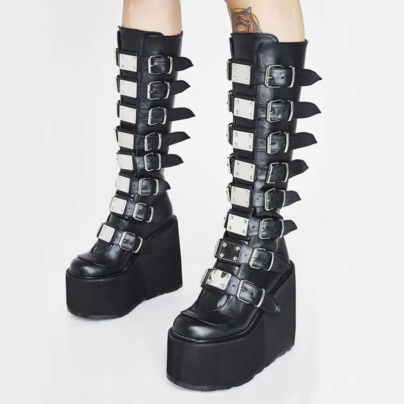 Punk Style Brand Ladies Motorcycle Boots Black Fashion Wedge High Heel Shoes Autumn Winter Gothic Demonias Platforms Woman | Обувь