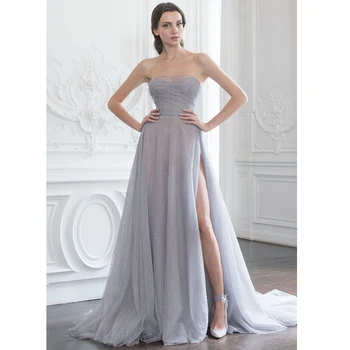

Verngo A Line Evening Dress Side Slit Formal Dress Simple Prom Dresses Elegant Strapless Evening Gown Abiti Da Cerimonia