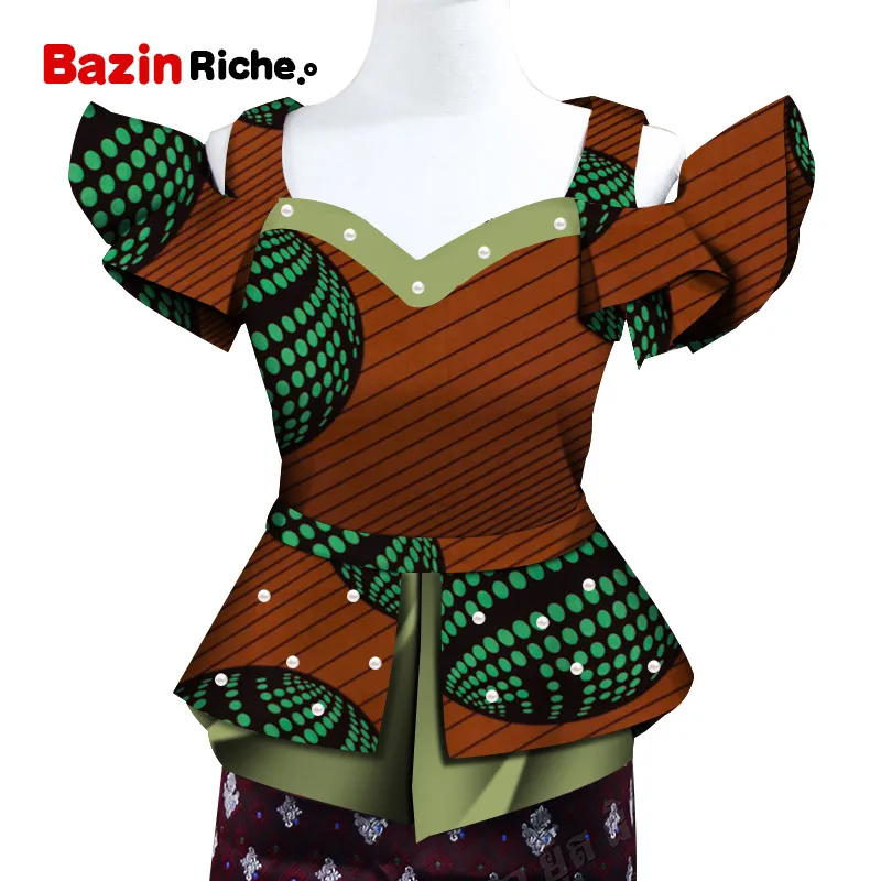 Fashion Shirt African Print Top for Women Bazin Riche Pearls Double Ruffles Top Cotton Dashiki African Clothing WY5096 - Цвет: 15