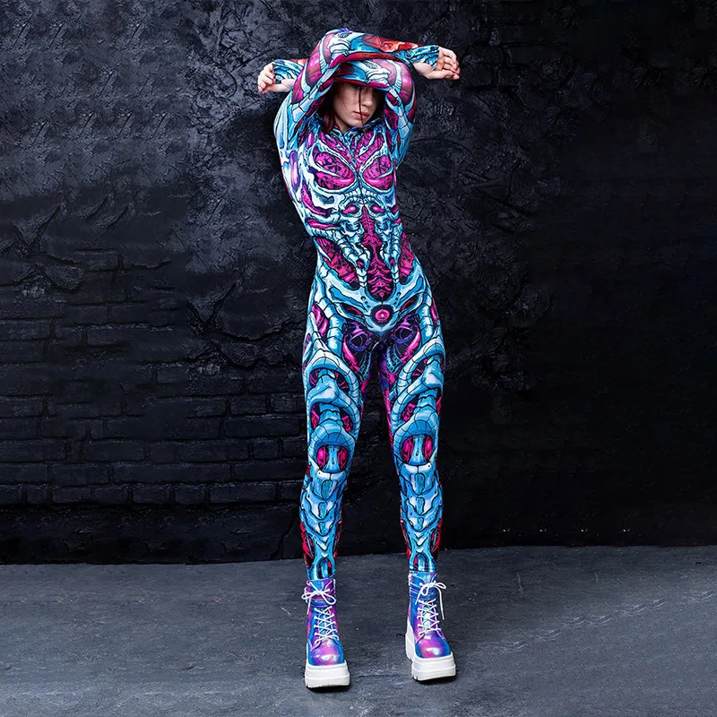 Halloween Costumes Skeleton Bodysuit Women Scary Skeleton Jumpsuit Print Zombie Cosplay Full Sleeve Autumn Winter