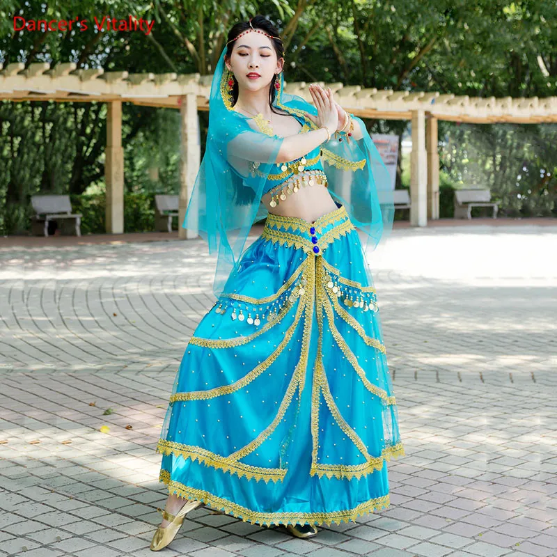 

Живота одежда для танцоров золото верхняя часть монеты + головной убор + повязка на голову + пояс + юбка, набор из 5 предметов индийских танцев женская элегантная одежда для выступлений