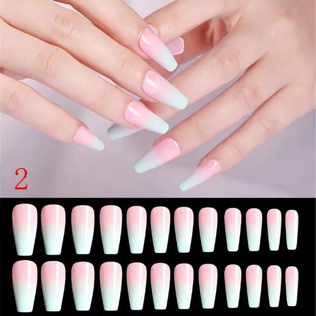24pcs/Set Detachable Long Coffin Fake Nails European Rainbow Ballerina Full Nail Art Tips Colorful Beauty Artificial False Nails Series A 2