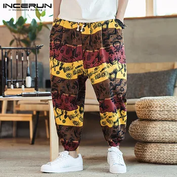 

INCERUN Men Printed Harem Pants Joggers Drawstring Drop-Crotch Trousers Men 2020 Loose Cotton Linen Casual Thai Pants Streetwear