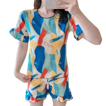 

Lovely Summer Pajamas Set Women Sleepwear O-neck Homewear Short Sleeve Collorful Printed Fashion Female Nightwear