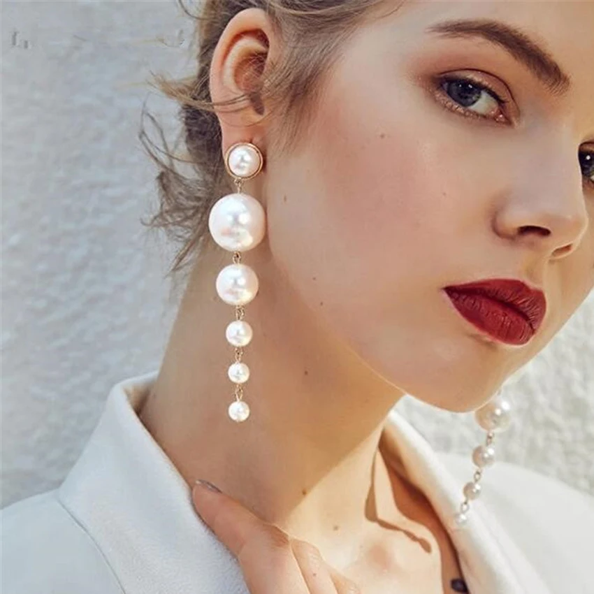 Exquisite Simulated Pearl Stud Earrings Fashion Long Statement for Womenn Party Wedding Female Jewelry Gift | Украшения и