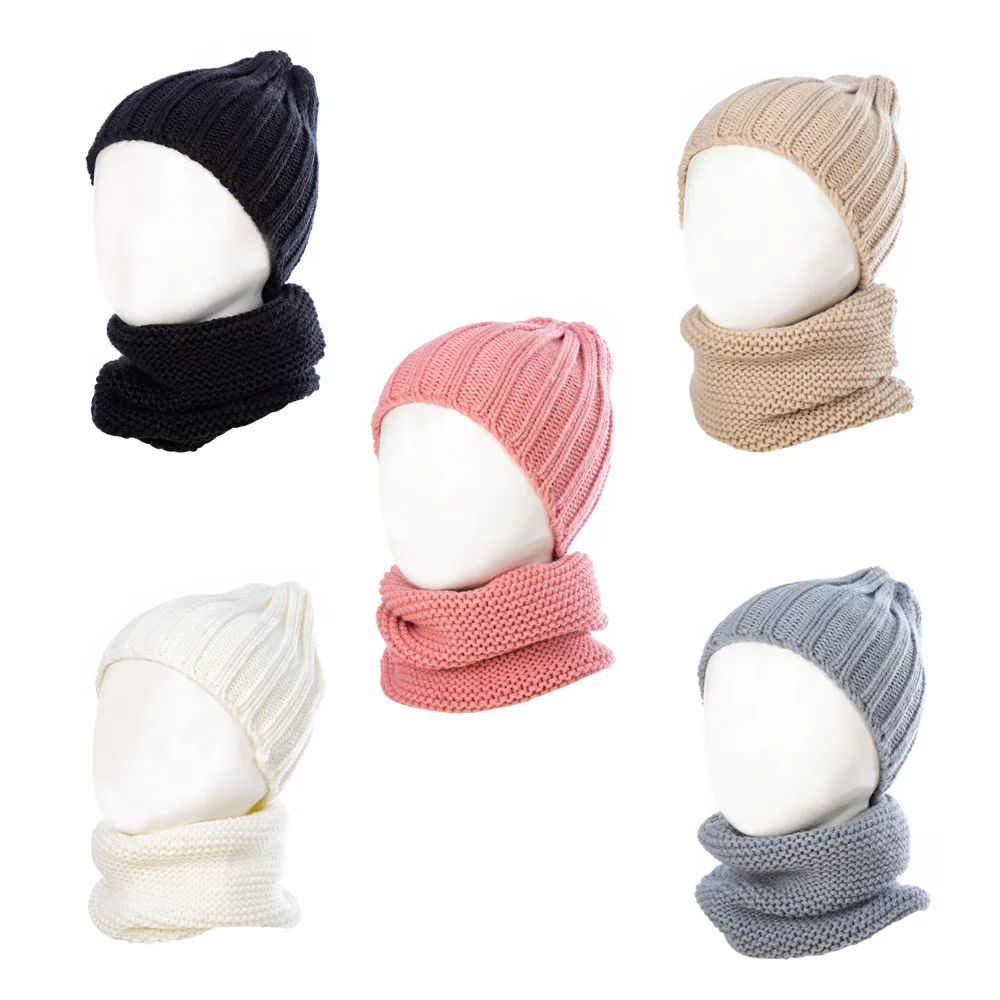 Wish Club/2 предмета, детская зимняя шапка, шарф, комплект для мальчиков и девочек, хлопок, теплый, однотонный, вязаный, кольцо, милая Шапка-бини, комплект для малышей, аксессуары