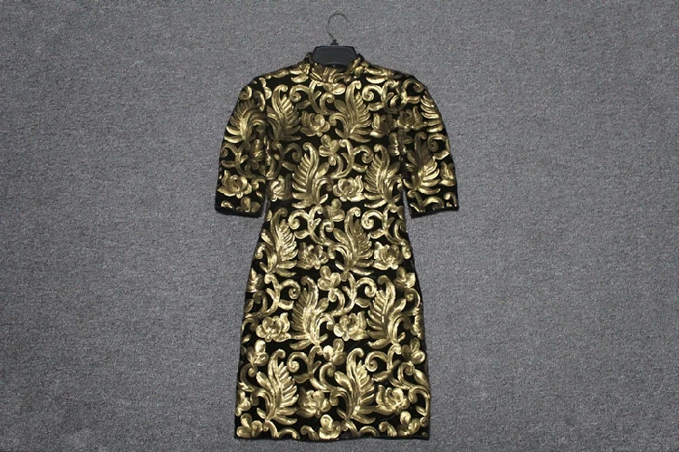 Дизайнерское цельнокроеное бархатное платье Cheongsam с золотыми блестками и металлическим тотемным блеском; мини-платье-футляр в стиле ретро; праздничное платье для дискотеки